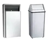 Commercial trash receptacles. In-wall, on-wall, or free standing. Stainless steel.
